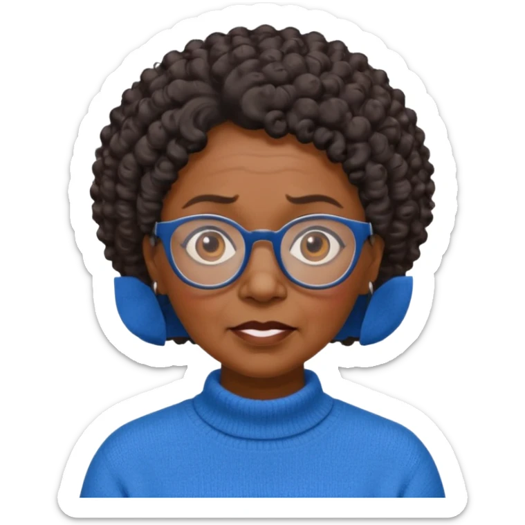 Old black woman, solemn, wearing glasses and blue sweater, short curly hair sticker