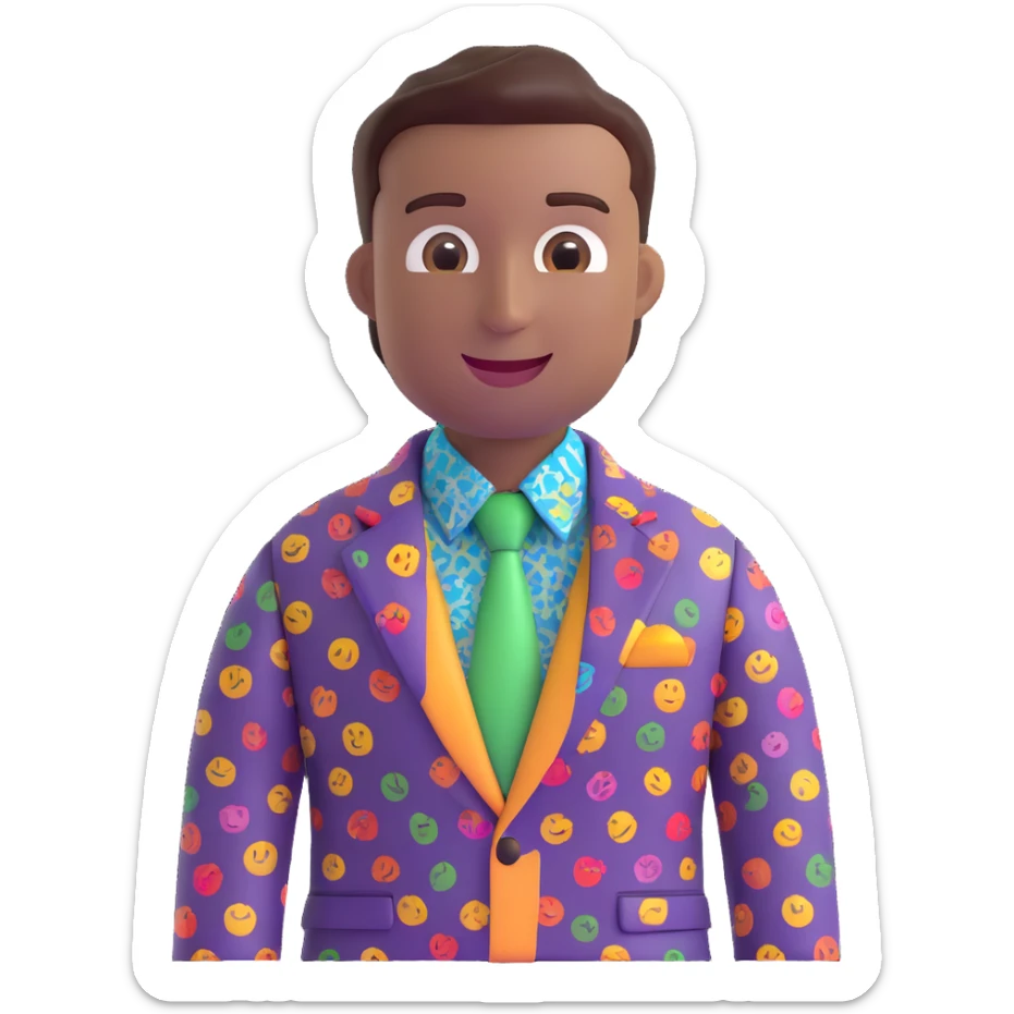 salesman emoji, colorful blazer, patterned shirt, no tie, casual business style, cheerful expression sticker