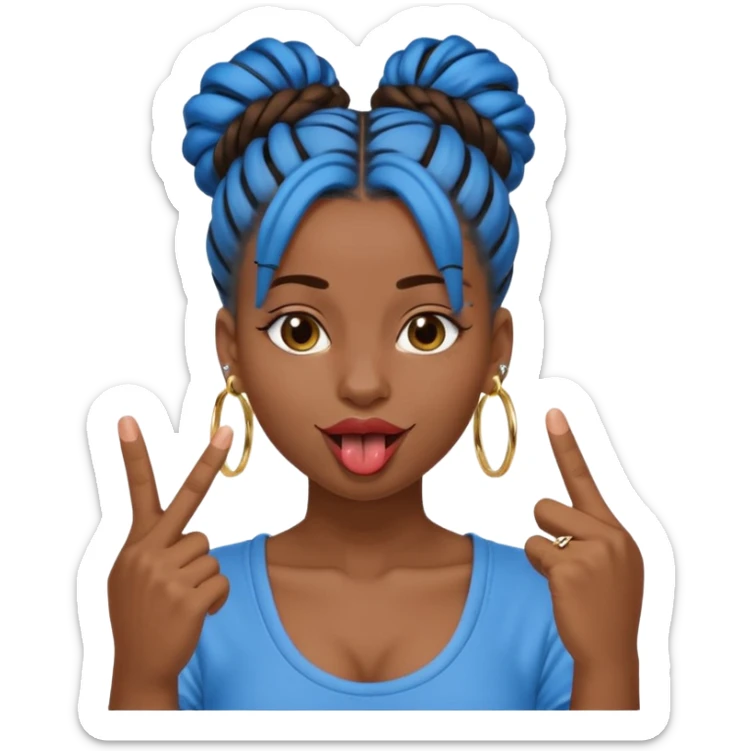 brown girl with blue locs in a bun with tongue out giving middle finger sticker