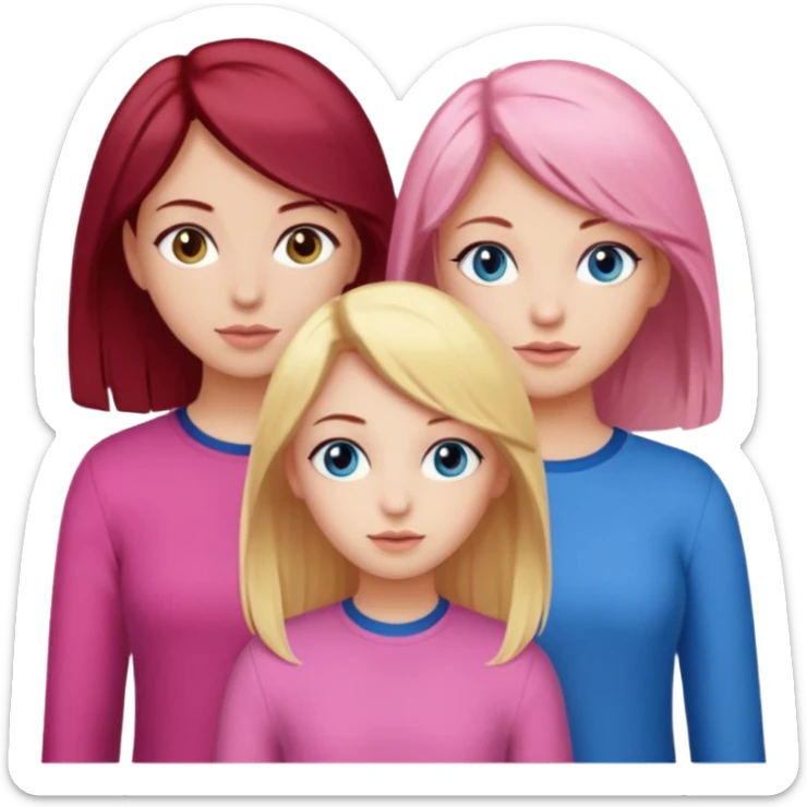 Three girls, one dark red hair with hazel eyes, one blonde with blue eyed and one with black hair and brown eyes, all wear pink sticker