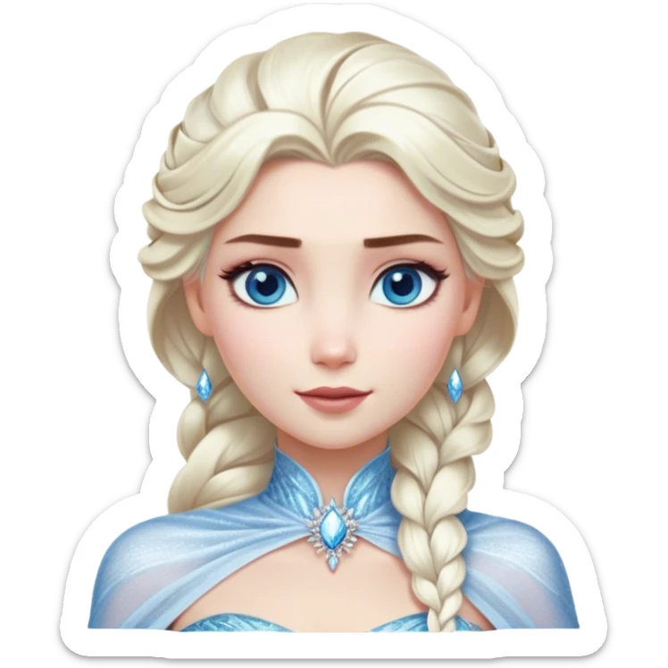 Cinematic Realistic Elsa Portrait, depicted with lifelike skin texture, soft natural lighting, and intricately detailed platinum blonde hair styled elegantly. Her striking, expressive blue eyes exude confidence and grace, complemented by a serene and regal expression. She is dressed in her signature icy attire, with shimmering fabric textures and delicate folds that catch the light beautifully. The portrait features a soft, enchanting glow with a cool, radiant finish, capturing the essence of timeless elegance in a realistic and painterly style, evoking a sense of depth and authenticity. sticker