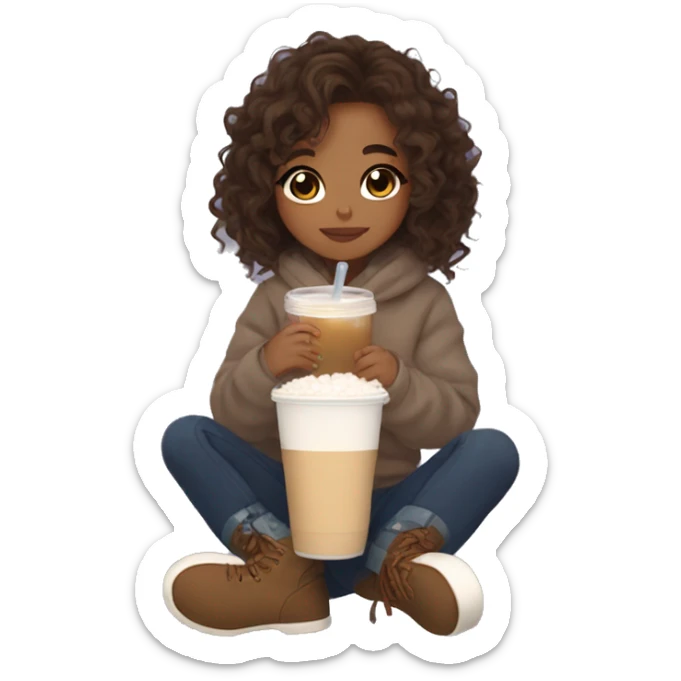 cute aesthetic brown wavy hair tan girl cozy drinking boba and wearing uggs  sticker