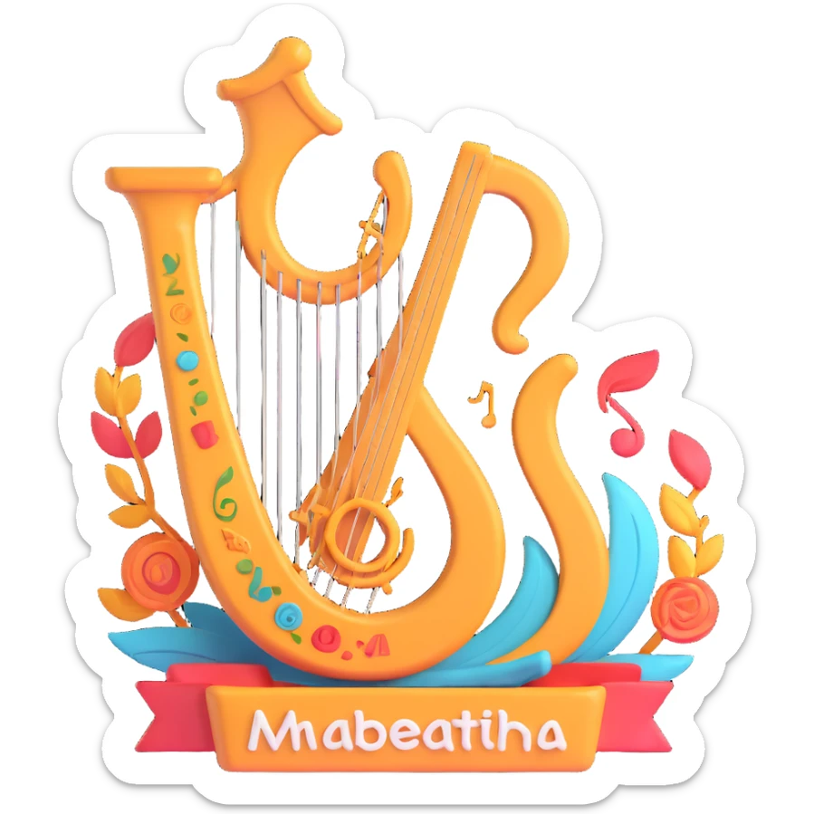 A 3D emoji of a colorful lyre surrounded by vibrant, swirling shapes and various artistic icons, with the text "МБУ центр досуга" integrated into the design, in the style of Microsoft's 3D Fluent Emojis. sticker