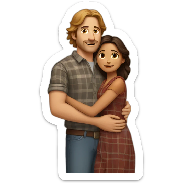 Tall white man with brown hair wearing plaid hugging small Indian woman sticker