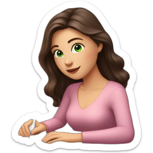 white girl with dark brown hair lights pink candles and studies at her desk and green eyes  sticker