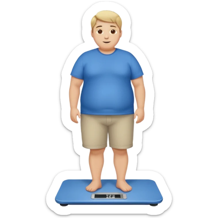 A young male with short dark-blonde hair and medium-light skin, only slightly overweight. He stands on a scale with a relieved, happy expression after noticing weight loss. He wears blue cloth, his posture relaxed with a gentle smile. sticker