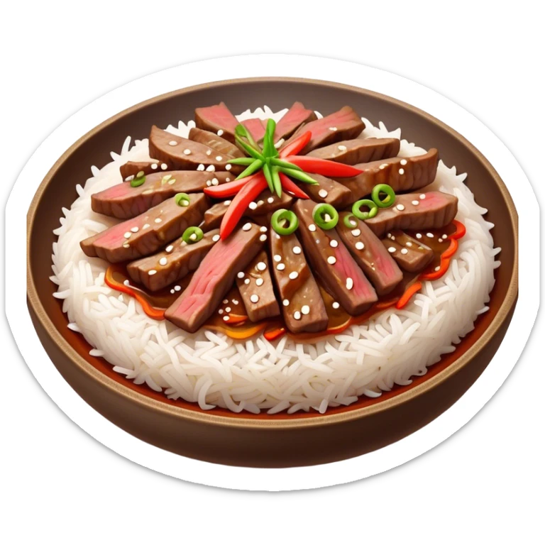 Bulgogi Cinematic Realistic Bulgogi Dish Emoji, depicted as thinly sliced, marinated beef stir-fried to perfection, rendered with dynamic textures and vibrant, appetizing lighting. sticker