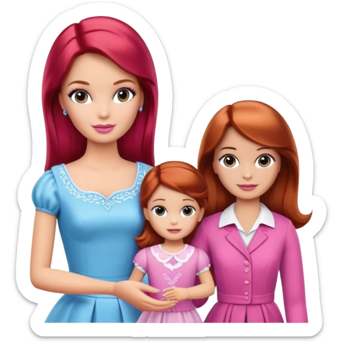 A barbie girl with makeup with brown hair with a child, a daughter, a girl with red hair, holding her hand in  and a husband, a man with brown hair, a family sticker