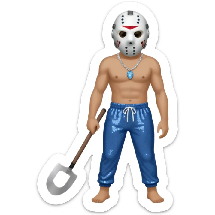 Jason Voorhees with white hockey mask, blue-gray sequin baggy pants, shirtless with necklace sticker
