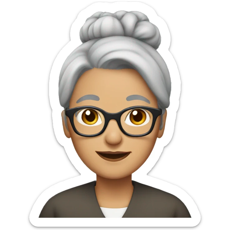 grandmother with grey hair, and glasses and a bun sticker