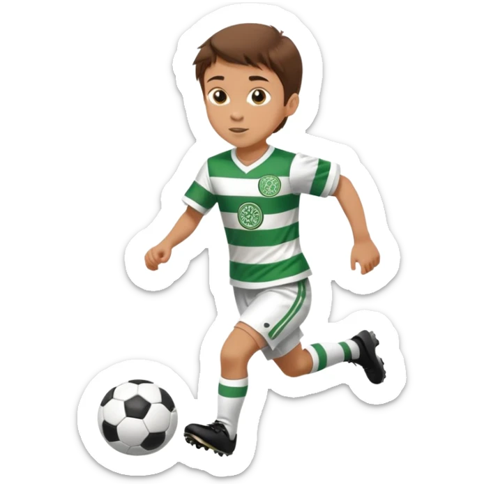 Brown hair 6 years old white boy footballer RUNNING playing soccer wearing CELTIC  UNIFORM  has white stripes ) # 17 in the jersey !  sticker