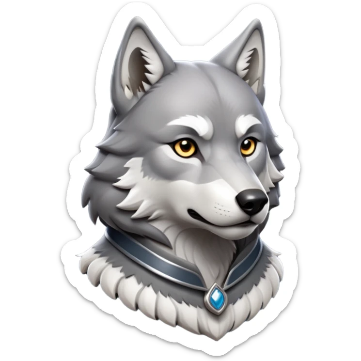 cinematic-noble-wolf-portrait-emoji,-poised-and-regal,-with-a-strong,-lean-build-and-a-sleek,-well-groomed-fur-of-grey-and-white,-deep-set-soulful-piercing-eyes,-simplified-yet-sharp-and-sophisticated-features,-highly-detailed,-full-body, zoomed out showing shoulders sticker