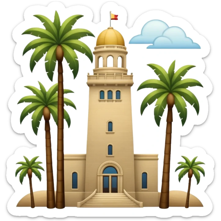 California Tower and the Museum of Us in San Diego, apple style emoji, simple, no text, white background, include palm trees, inspired by reference photo, version 3 sticker
