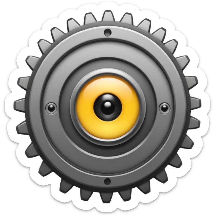 Minimalist emoji-style sticker of a mechanical gear with a realistic eye in the center. Flat graphic icon in grayscale. sticker