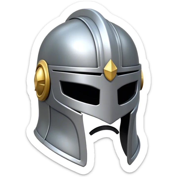 Clash of Clans aesthetic: Cinematic heroic Steel full face Helm Emoji, rendered in a 3D vector-style similar to standard emojis with minimal shading and bold, simplified shapes. A compact, isometric helmet crafted of shining steel with intricate engravings and a protective visor, softly glowing with a noble warrior charm. Simplified yet unmistakably iconic, highly detailed and consistent, glowing with a soft radiant gleam and high polish. Stylized with a touch of chivalric tradition and a soft glowing outline, capturing the essence of a stalwart battle helm with a friendly, playful manner! sticker