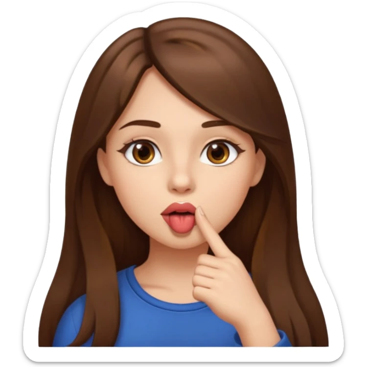 Emoji Fille cheveux long et brun yeux brun avec un doigt dans la bouche comme le truc baka sticker