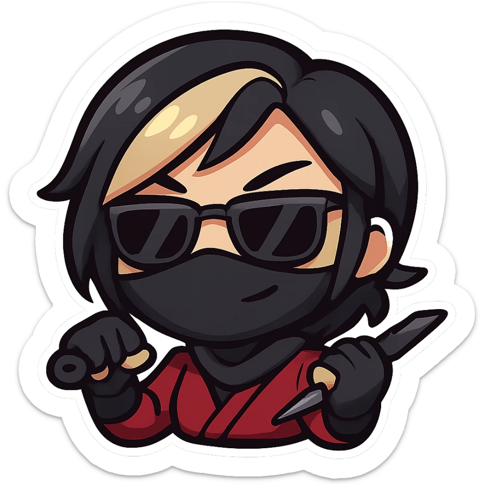 Sexy chibi ninja girl with black short hair and a blonde streak, only head and arms, colorful chibi style with bold outlines, transparent background, no mask, cool face with sunglasses and a smirk, sized for Twitch emoji use. sticker