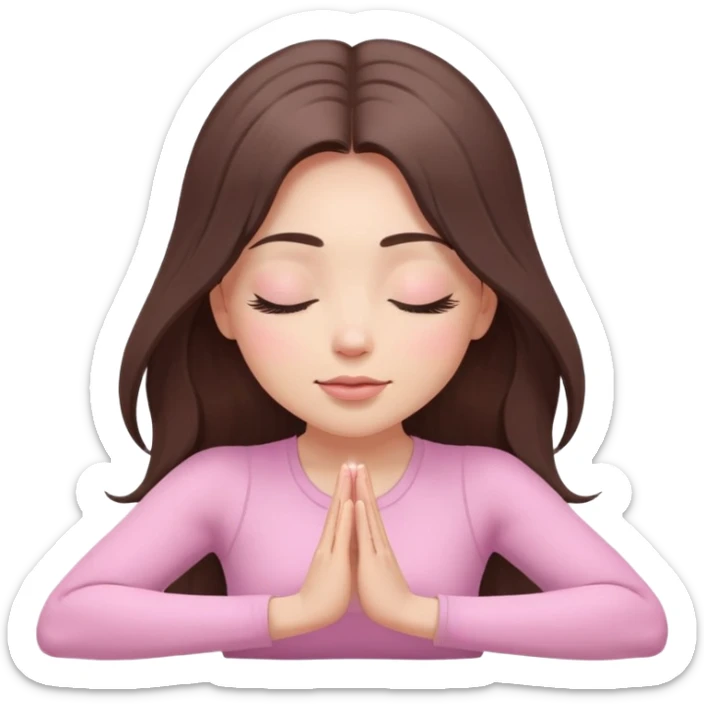 Brunette long hair Woman wearing pastel pink with eyes closed and long eyelashes doing yoga mediation  sticker