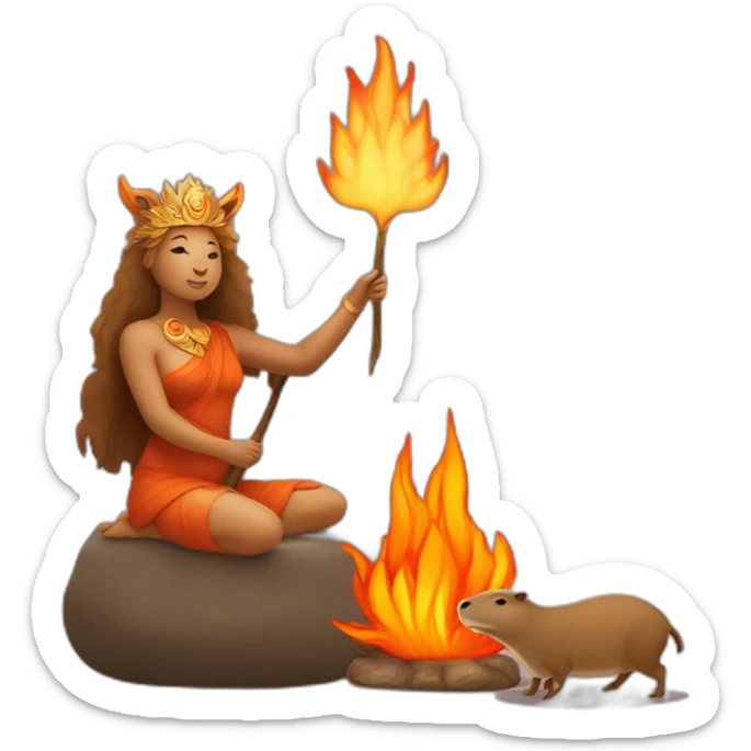the goddess of the hearth and comfort next to a capybara holding a fire in its paws sticker