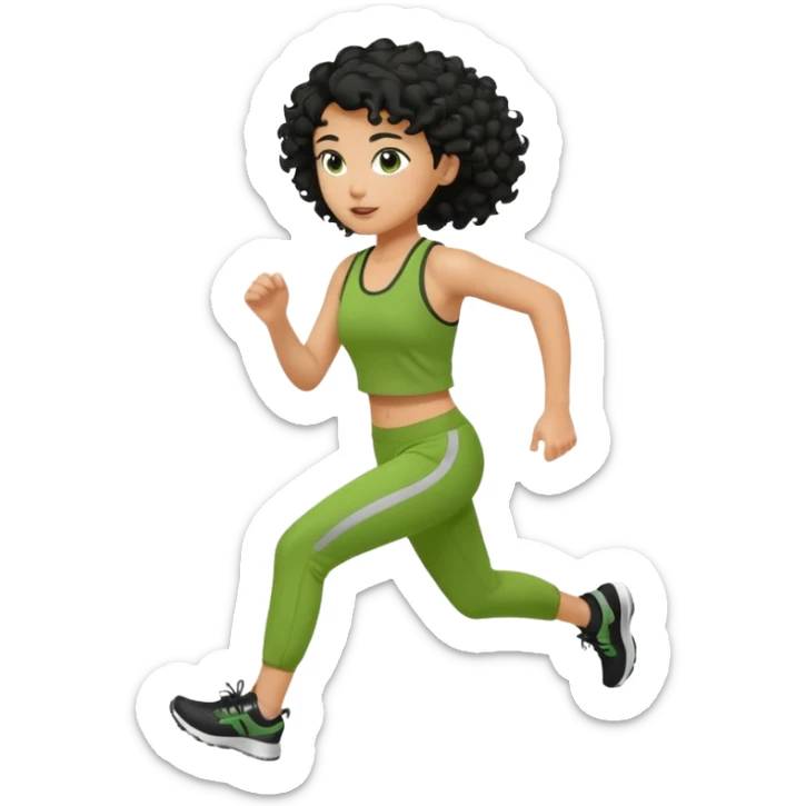 a woman with olive skin tone and curly black hair wearing green and jogging sticker
