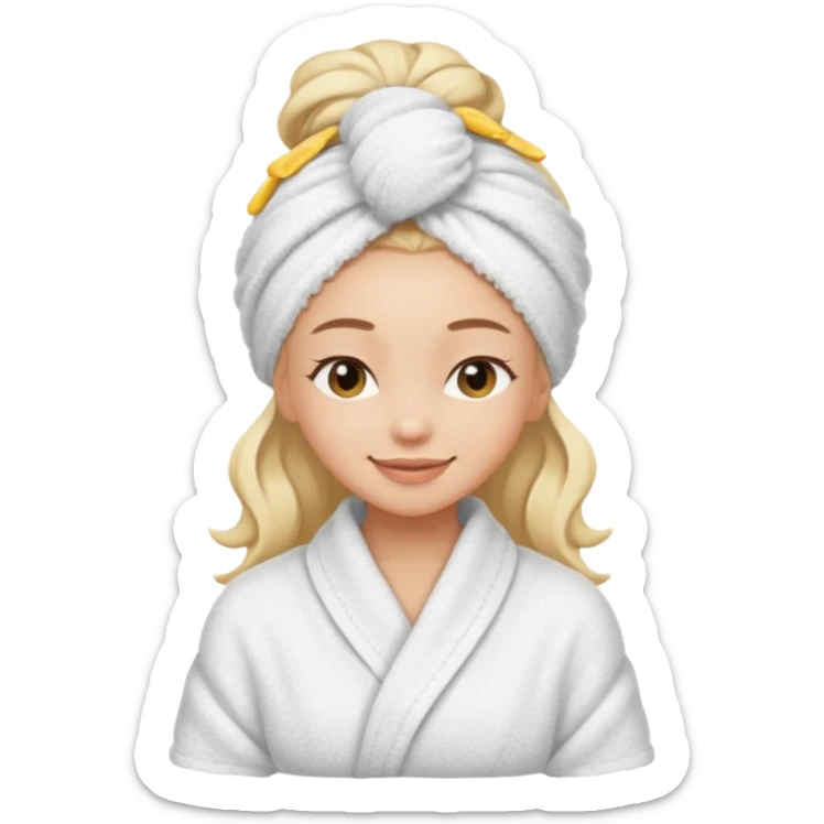 cute girl with her eyes closed and smiling, wearing a spa towel as her clothes in she has a spa towel on her hair sticker