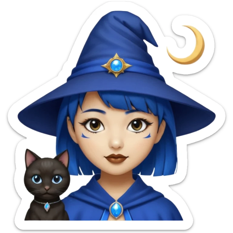 an asian short haired girl with electric blue highlighted short raven hair with bangs, with her silver left eye and dark brown right eye, with black cat eyed style eyeliner, and smirk of natural toned lipstick, with wizard hat with moon emblem on his hat. sticker
