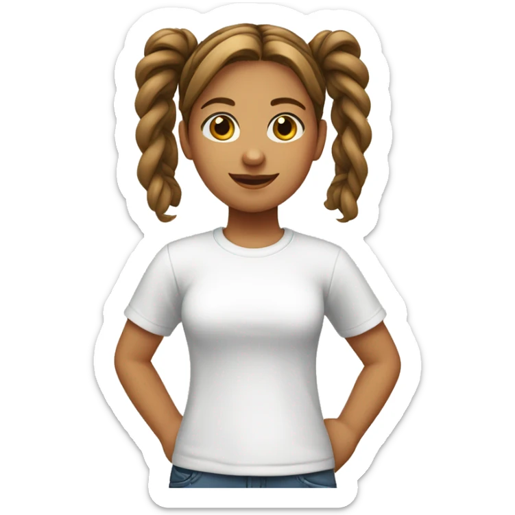 A girl with brown wave pigtails wearing a white T-shirt sticker