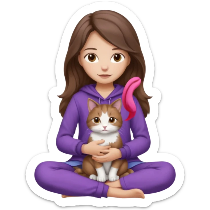 a calm girl with long wavy brown hair, brown eyes, cozy purple clothes, sitting cross-legged, gently holding a tricolor cat (brown, white, and grey), iOS emoji style, gentle colors sticker