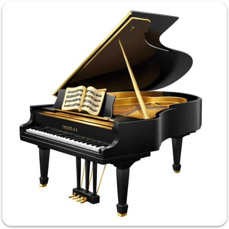 emoji de piano de cauda preto com notas musicais douradas, ambiente refinado, estilo Nova York clássico sticker