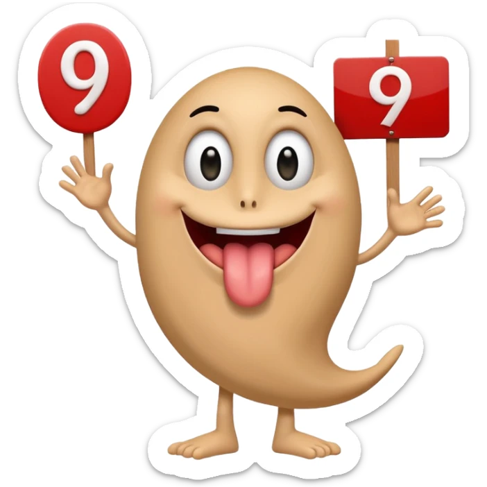 A school that has the number 9 on top of it's eyes holding a sign with the number 9 on the sign with a mouth sticking out his tongue with legs and arms with him being happy full of joy sticker