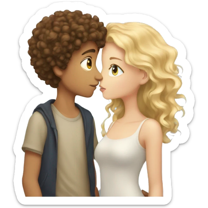 Boy with brown curly hair and blue eyes kissing blond girl  sticker