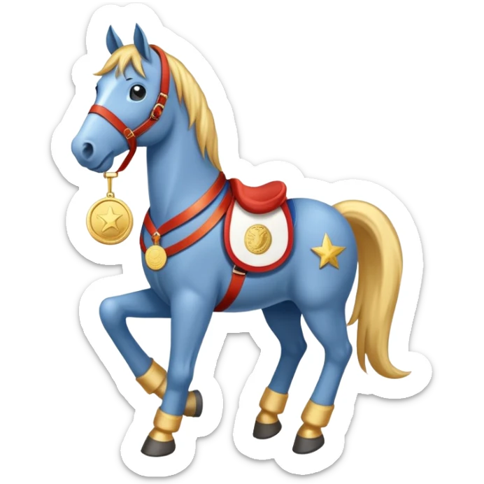friendly anthropomorphised horse in jeans and a t-shirt, wearing a gold medal sticker