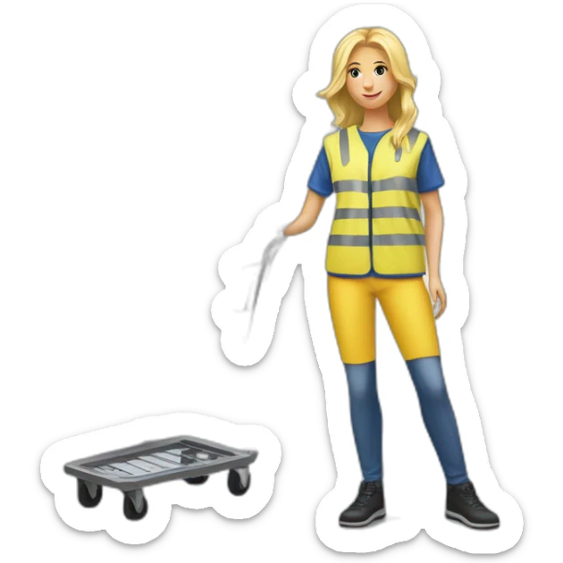 Ikea coworker blond woman blue stripes t-shirt and yellow security vest with trolley scan sticker