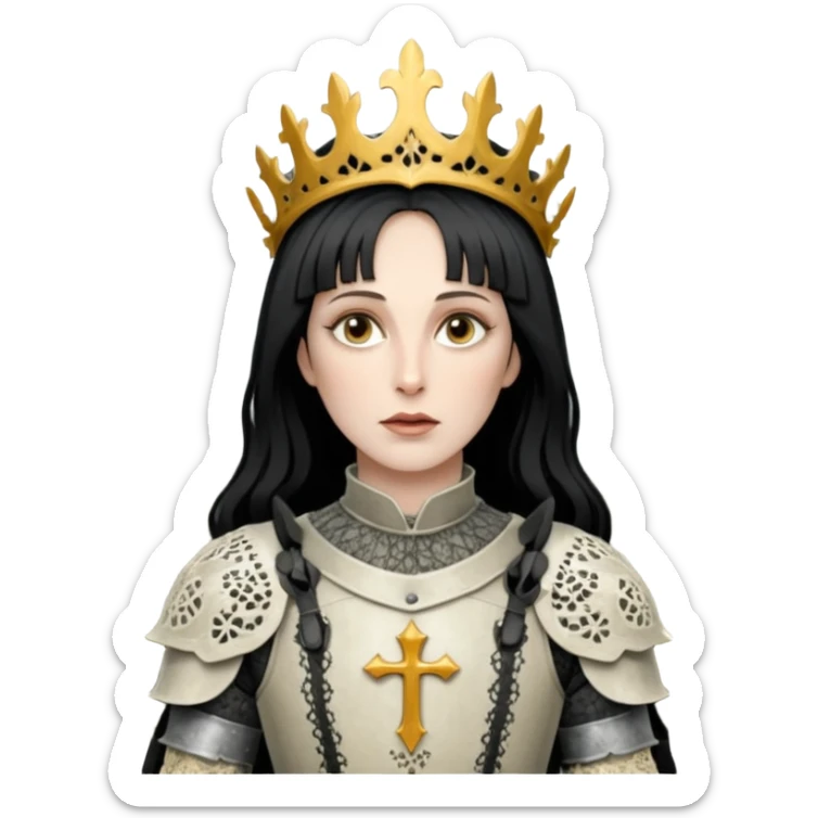 realistic cinematic actress Cher in Victorian lace styling like Joan of Arc dirty damaged armor in a forest sticker