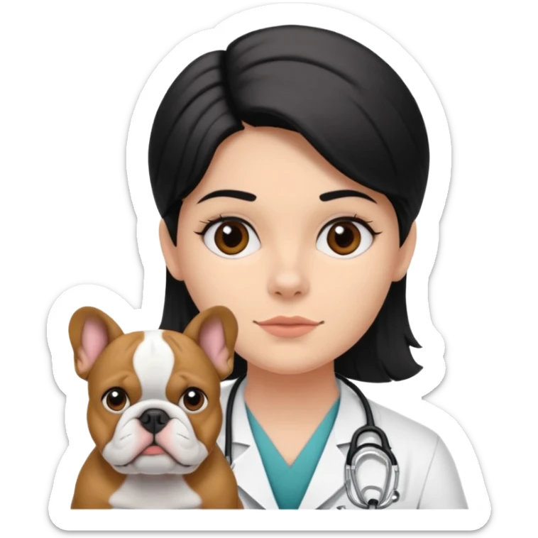 joven médico con el pelo un poco largo pero no tanto y lacio, que tenga un estetoscopio de color de piel tez negra calida !!! que sostiene un bulldog francés blanco y negro  sticker