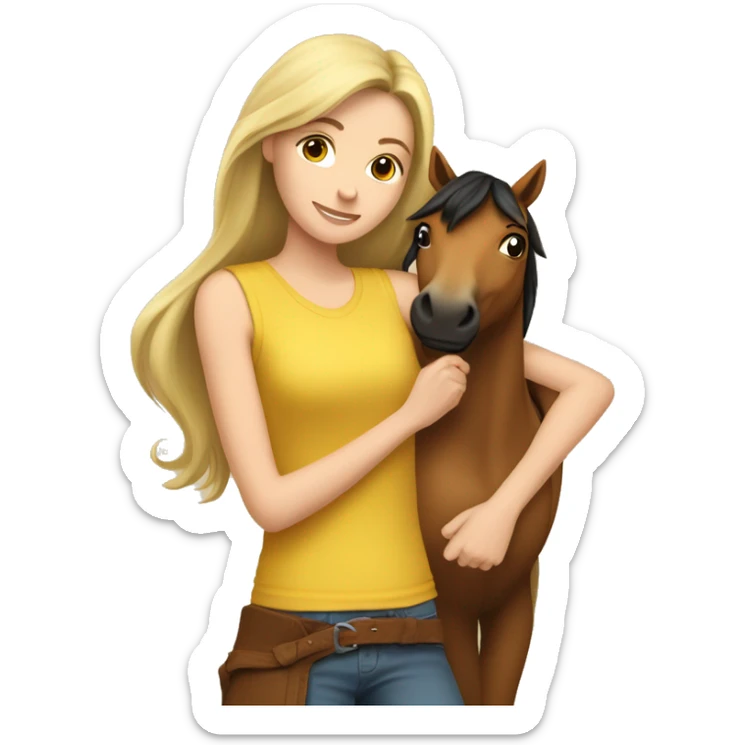 Brunette blonde girl wearing sleeveless yellow shirt snuggling brown horse sticker