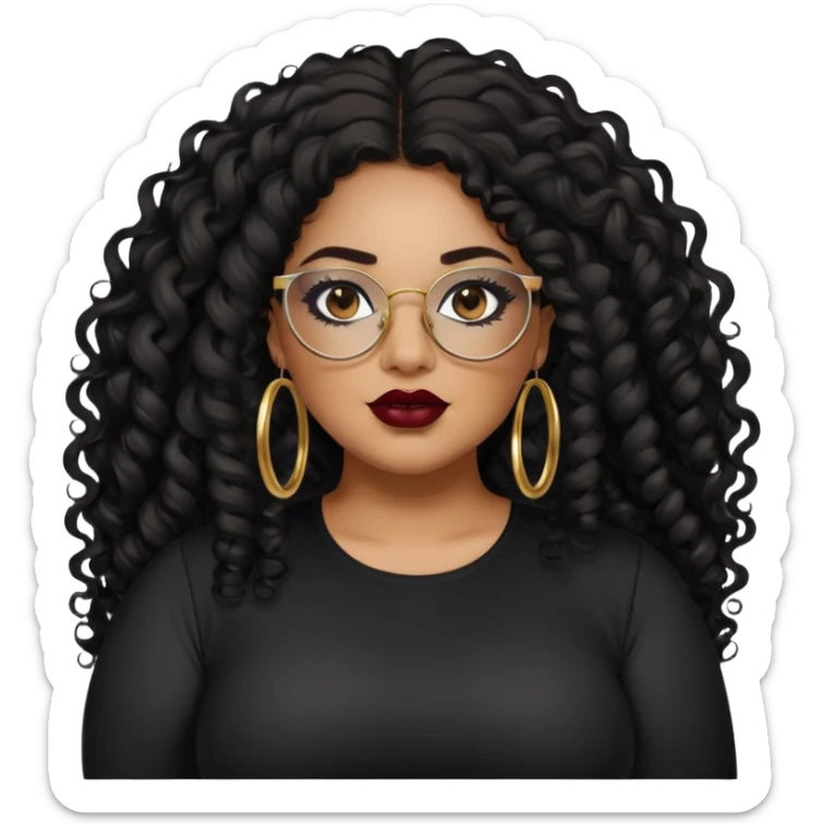 big plus size, latina, darker tan skin, gold hoops, long black curly hair, baddie,pretty, makeup, dark red lipgloss, black eyeliner, long hair, black shirt, black glasses sticker