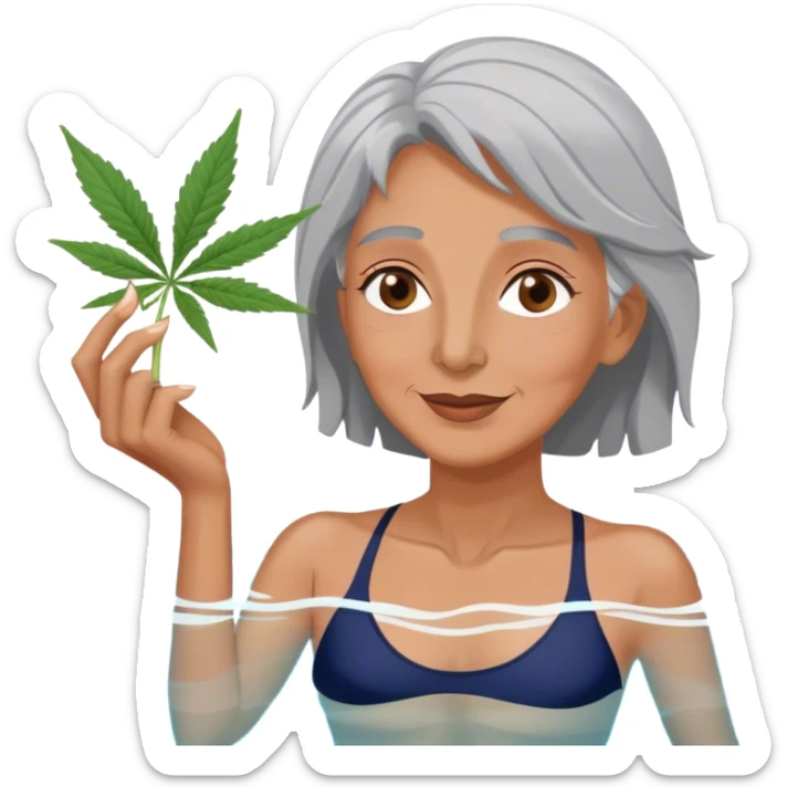 Middle aged, brown eyes, gray haired woman in a swimming pool with marijuna sticker