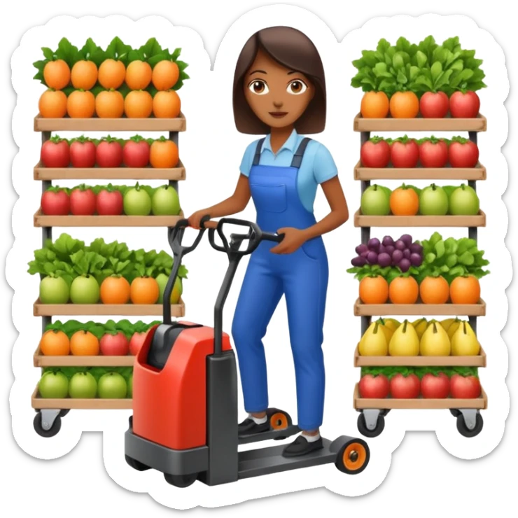 Femme sur un transpalette électrique, portant des canettes de fruits et de légumes sticker