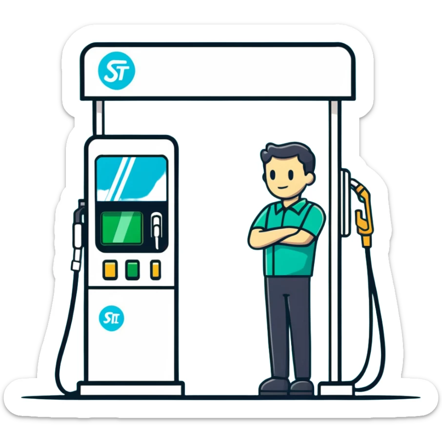 Male gas station attendant standing next to fuel dispenser, minimalist design with soft gradients in sky blue, teal green, white, and light gray sticker