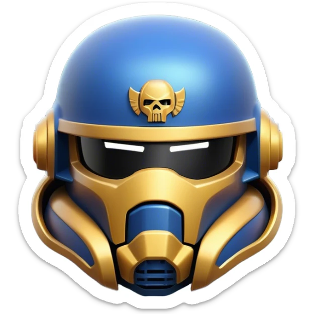 Clash of Clans aesthetic: Cinematic Playful Space Marine Helmet Emoji, rendered in a 3D vector-style similar to standard emojis with minimal shading and bold, simplified shapes. A compact, heroic isometric helmet with futuristic, armored detailing and a glowing visor, softly glowing with a battle-ready cosmic charm. Simplified yet unmistakably iconic, highly detailed and consistent, glowing with a soft radiant shine and high gloss. Stylized with a touch of interstellar valor and a soft glowing outline, capturing the essence of an elite warrior’s helm with a friendly, playful spirit! sticker