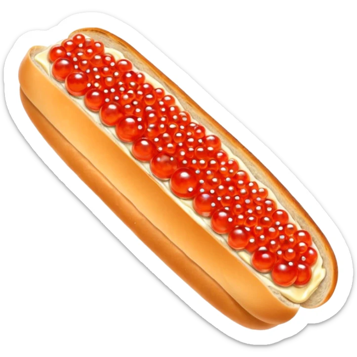 Apple style 3D emoji of a slice of fresh baguette with creamy butter and a generous layer of shining red caviar.
Realistic textures but in a clean 3D icon style. Soft reflections on the caviar pearls, delicious look, isolated on a white background. sticker