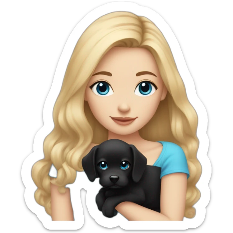 girl with straight blonde hair and blue eyes holding a black fluffy puppy sticker
