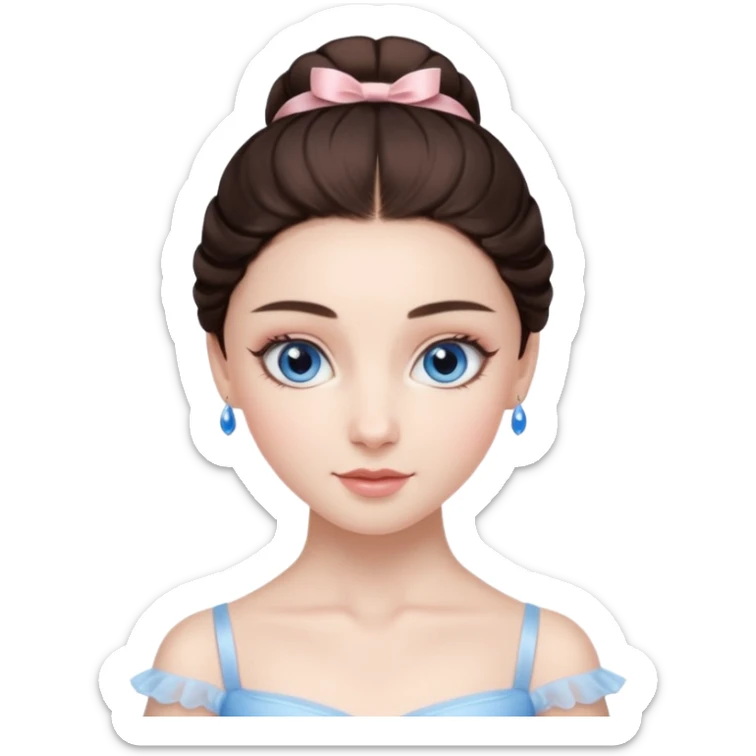 Realistic Ballerina Portrait, with porcelain-like skin featuring a natural rosy flush, illuminated by soft lighting that highlights the gentle contours of her face. Her Brunette hair flows in soft.Her deep blue eyes radiate framed by arched brows and long lashes. sticker