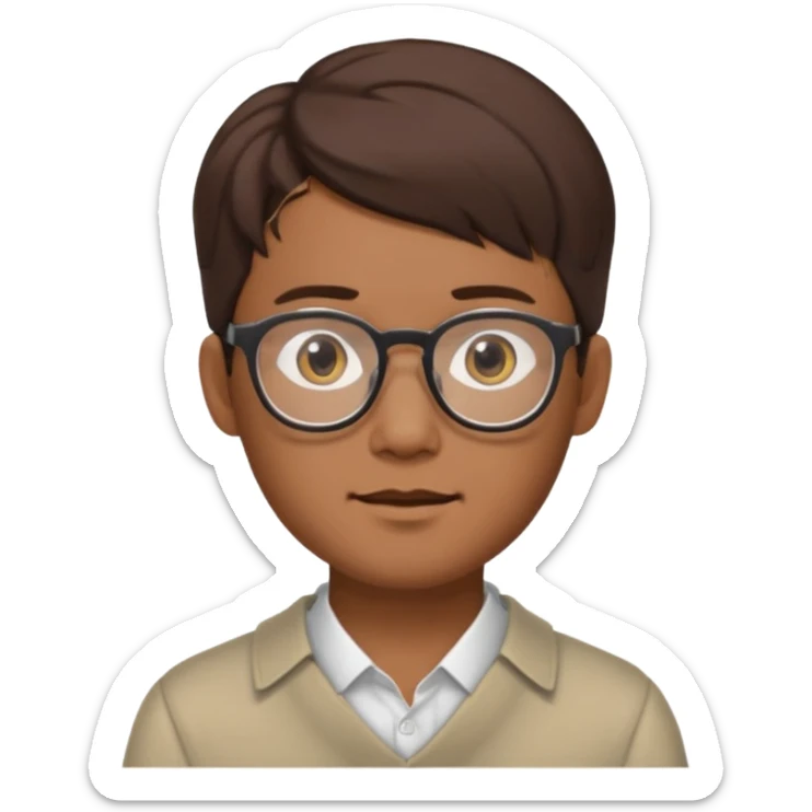 Asian male, with goatie, wearing glasses, medium length hair, brown sticker