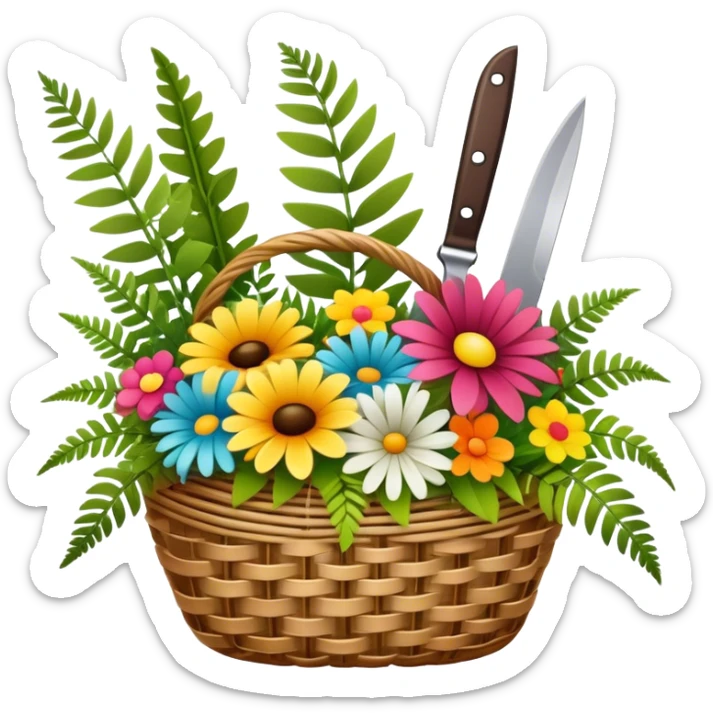 Icon for Floristry: a woven basket with flowers, reeds, ferns, bright ribbons and a small plush toy. Add scissors and knife. The icon should represent creativity in flower arrangement and decorative design. Transparent background. sticker