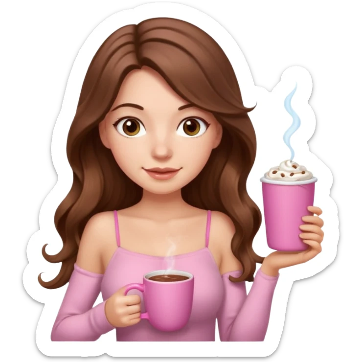 menina branca com cabelos castanhos longos ondulados com xícara rosa na frente com chocolate quente, com blusa de alça fina sticker