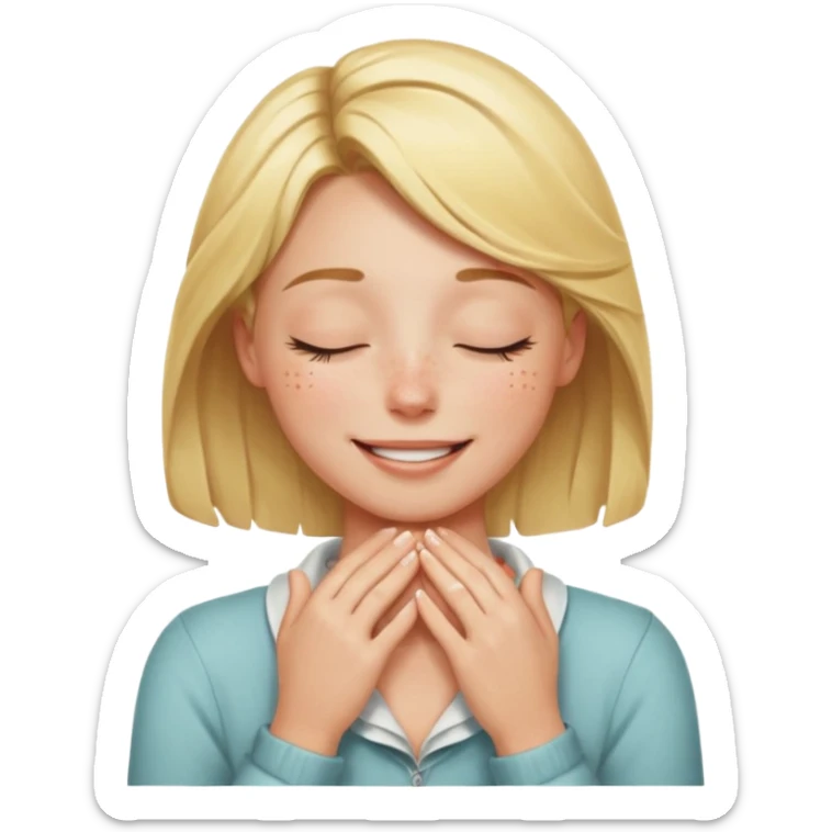 Happy blonde girl with eyes closed and mouth smiling and hands cupped around her neck sticker