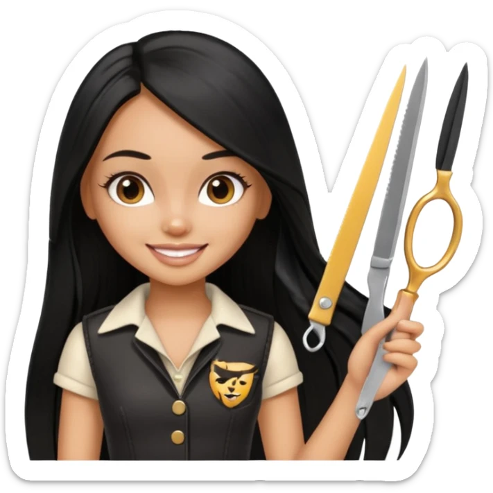 a pretty tan bratz girl with black long straight hair smiling and holding scissors sticker
