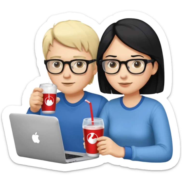 Hombre blanco con gafas, pelo negro tomando un refresco frente a un ordenador con ropa de sport, mujer rubia en la pantalla del ordenador tomando café sticker